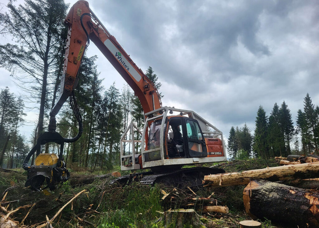 Forestry excavator with log grapple