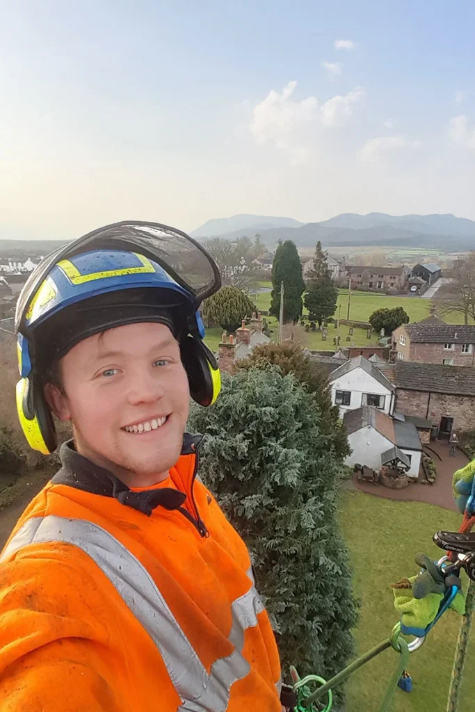Arborist with safety gear