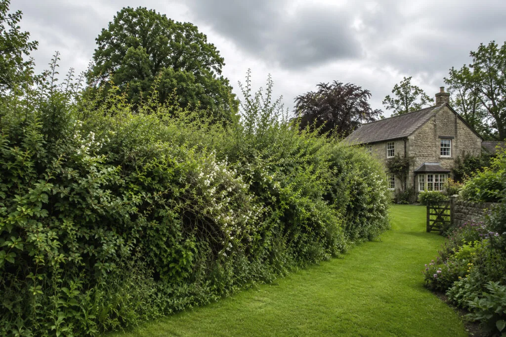 Stone house with lush garden.